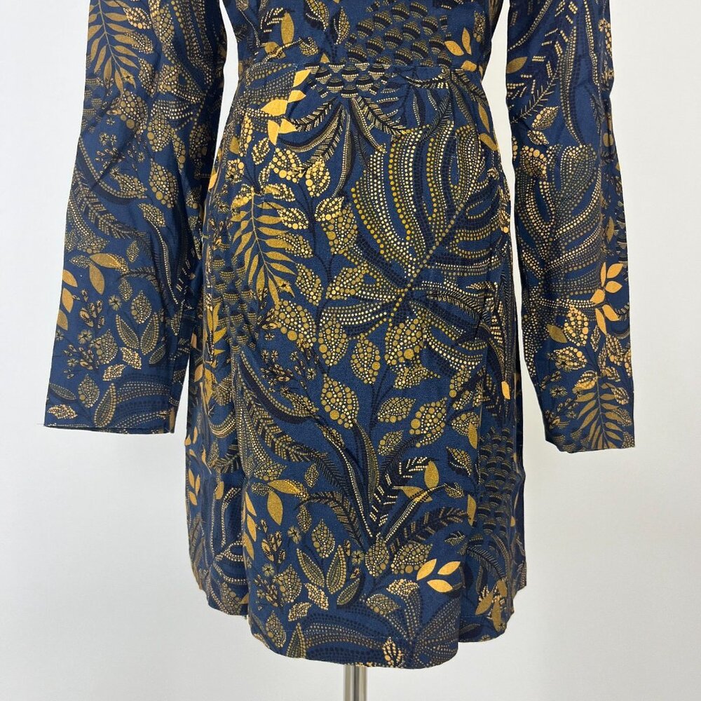 NWT Farm Rio Gold Blue Floral Forest Wrap Mini Dress Long Sleeve Size S - Picture 10 of 15